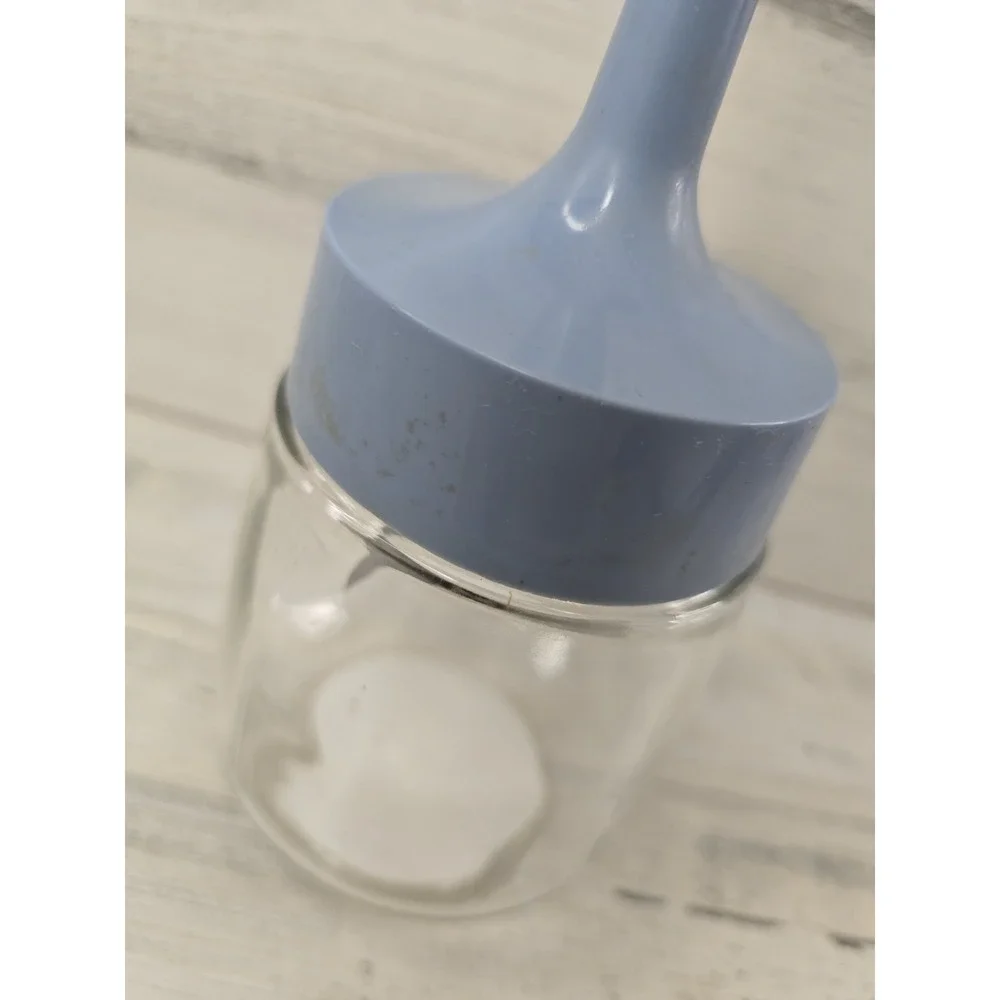 Vintage Manual Food Chopper Glass Jar Blue Plastic Plunger Zigzag Blade Retro